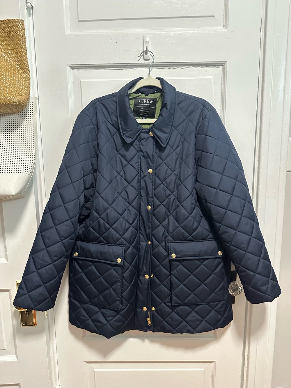 J. Crew Woman’s Navy lightweight quilted Barn jacket. Missing collar add on